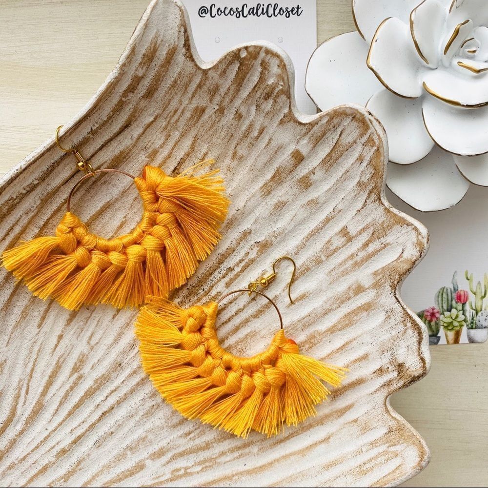 Boho Macrame Tassel Drop Hoop Earrings NWT